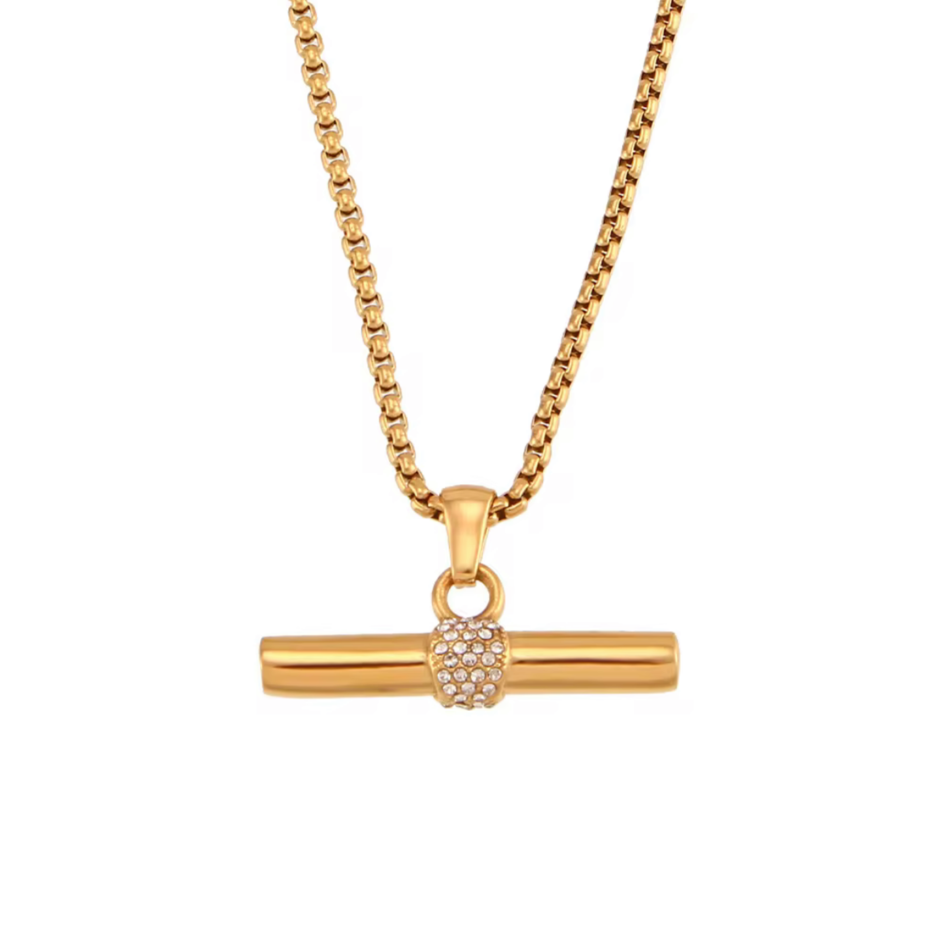 A gold-toned necklace featuring a horizontal bar pendant with a small, clear crystal-detailed ball accent in the center, suspended from a matching box chain against a plain white background.